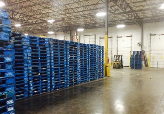 Rows of sorted blue pallets stacked in a warehouse
